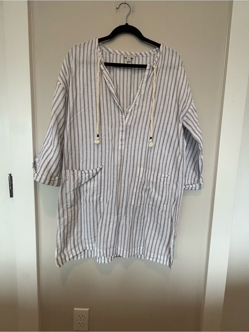 J. Crew White Tunic with Navy Pinstripes